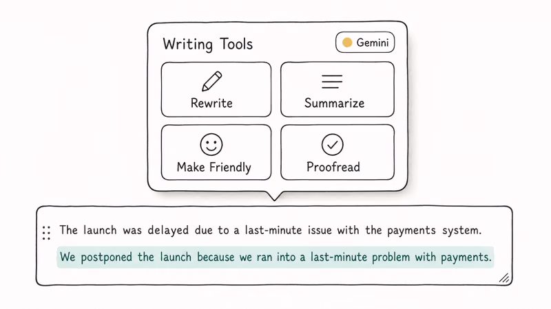 Writing Tools floating panel showing Gemini provider badge above rewrite and summarize options