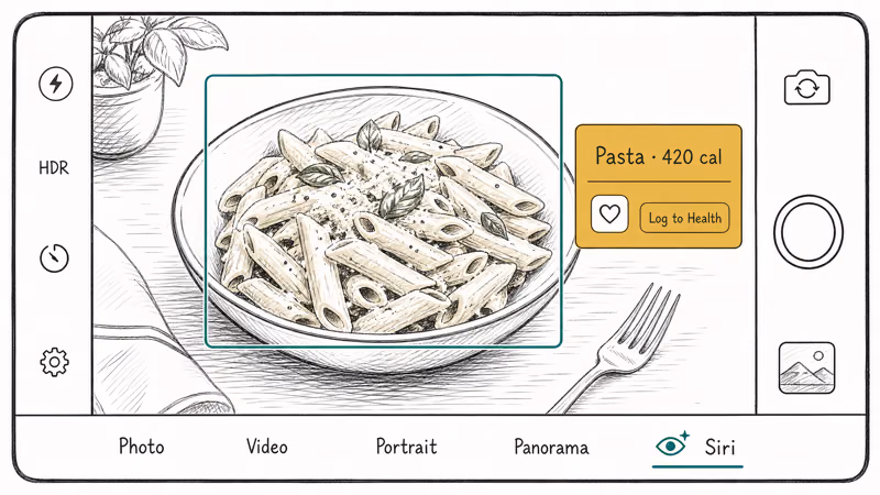 Camera app mode selector showing Siri AI mode selected with food recognition overlay and calorie card