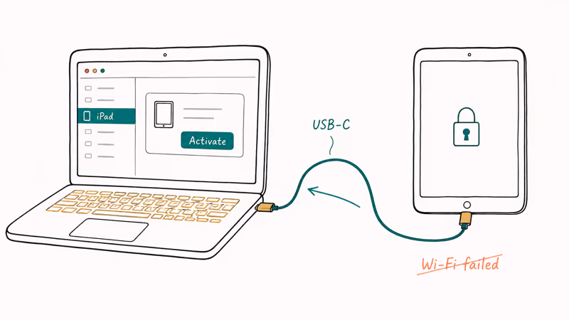 MacBook and iPad linked by USB cable with Finder activation button highlighted