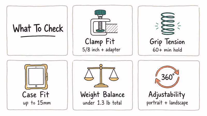 Hand-drawn checklist covers clamp fit, grip tension, case fit, weight, and adjustability.
