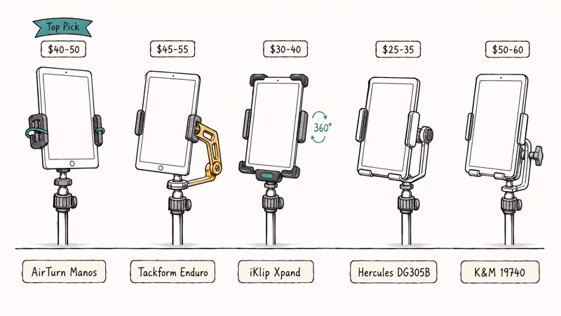 Five iPad mic stand holders show brand names, price tiers, and tablet sizes.