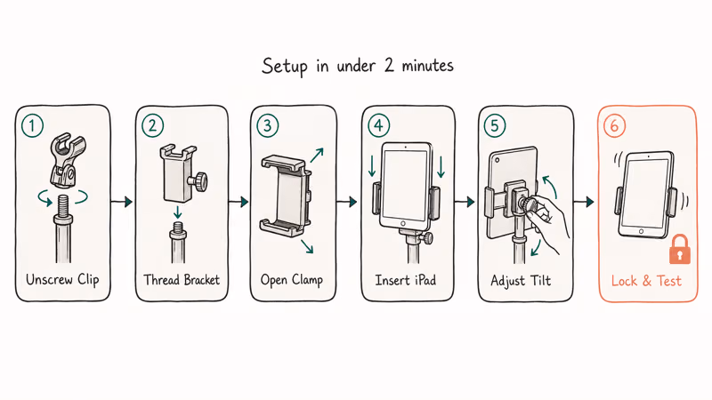 Six-step flowchart from unscrewing the mic clip to locking the bracket and testing iPad stability.