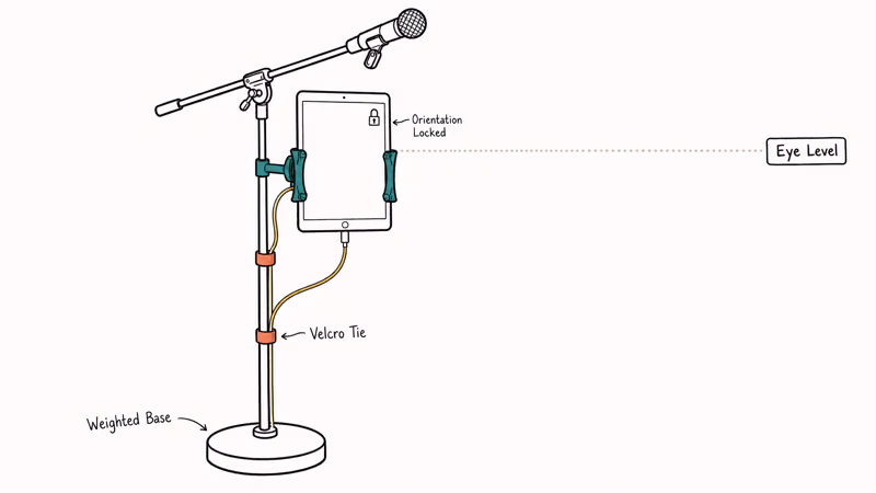 Mic stand holds iPad at eye level with cable tied along pole.
