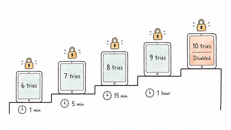 Hand-drawn staircase showing iPad passcode lockout escalating from one minute to permanent disable