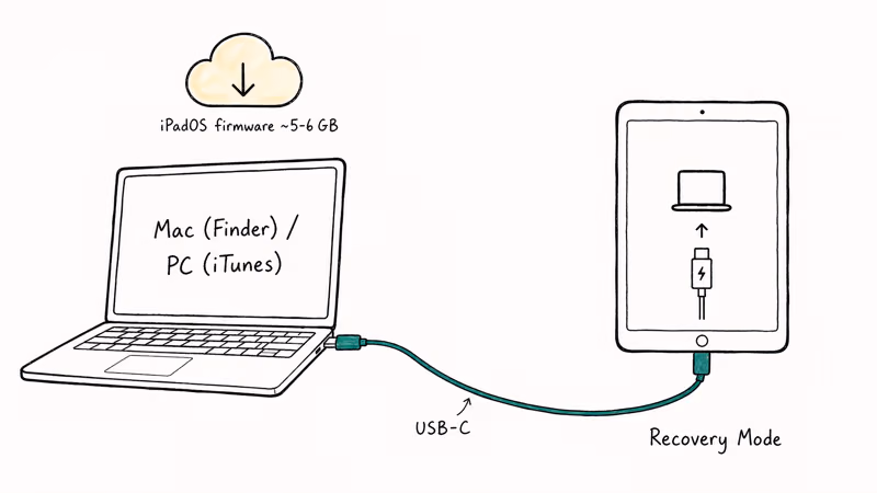 Hand-drawn iPad in recovery mode connected by USB cable to laptop downloading iPadOS firmware