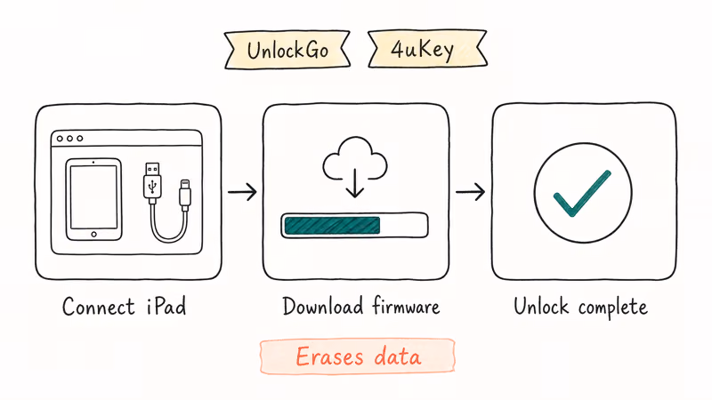 Hand-drawn three step flow showing third party unlock tool connect download firmware and complete