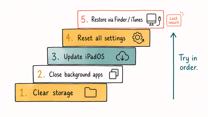 Hand-drawn ladder diagram showing five escalating fixes for recurring iPad freezing in order