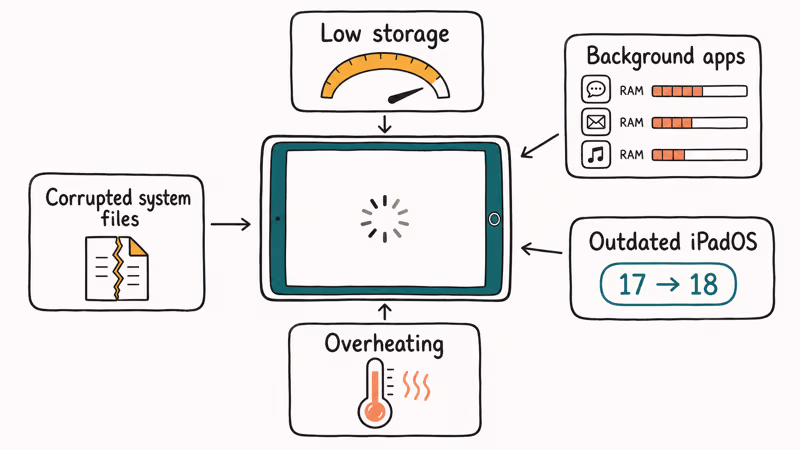 Hand-drawn diagram showing five common causes of iPad freezing arranged around a central iPad illustration