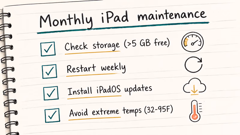 Hand-drawn monthly maintenance checklist with four iPad care habits and small icons beside each item