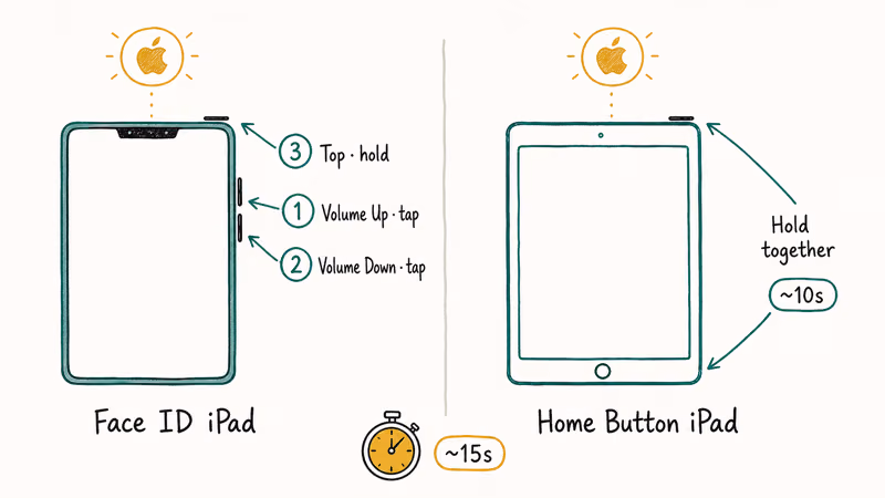 Comparison of iPad force restart button sequences for Face ID and Home models