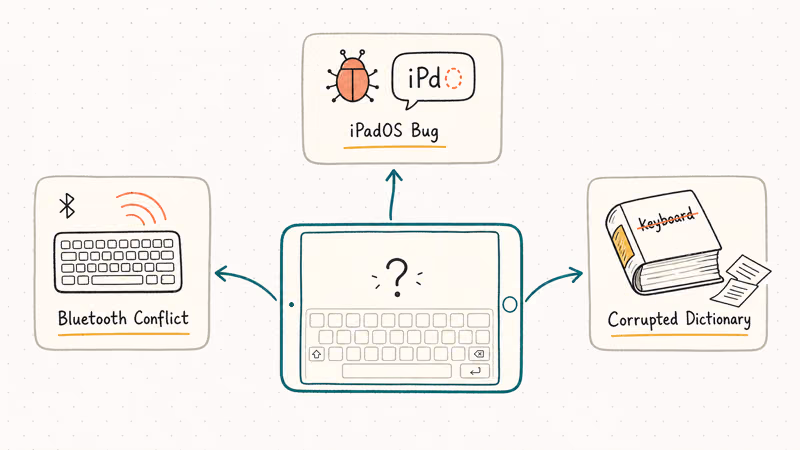 Hand drawn diagram mapping three iPad keyboard failure causes Bluetooth conflict iPadOS bug corrupted dictionary