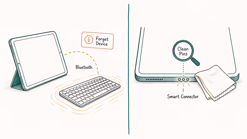 Hand drawn split panel comparing iPad Bluetooth keyboard pairing and Smart Connector pin cleaning steps
