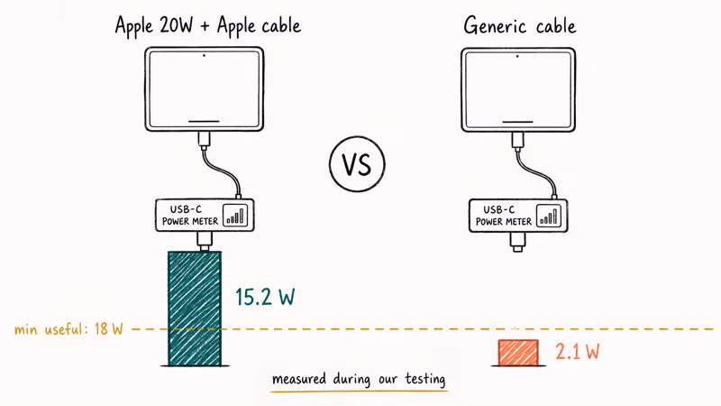 Side-by-side wattage comparison showing Apple cable at 15.2W versus generic cable at 2.1W