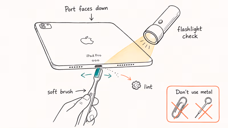 Soft brush cleans iPad Pro USB-C port while paper clip is forbidden