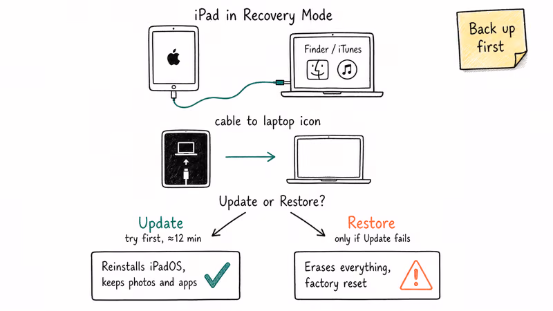 Hand-drawn flowchart comparing iPad Recovery Mode Update and Restore options with data outcomes