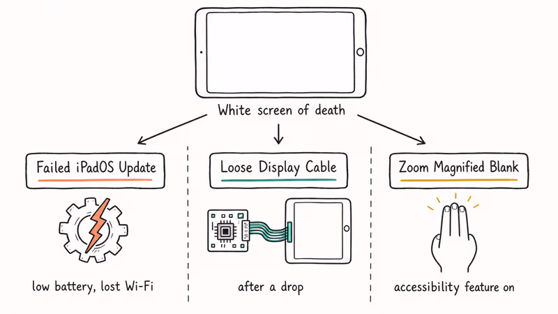 Hand-drawn diagram comparing software, hardware, and zoom accessibility causes of iPad white screens