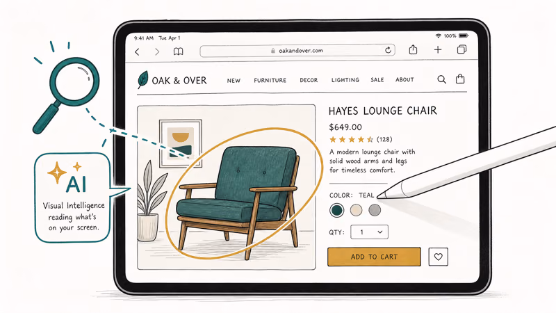 Visual Intelligence reading an onscreen product an Apple Pencil circles on an iPad webpage