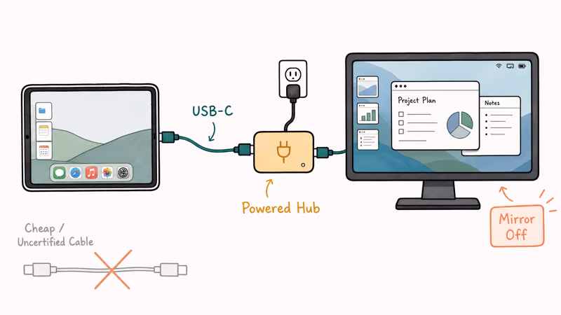 iPad connected to external monitor through a certified USB-C cable and powered hub