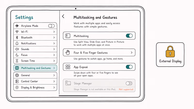 iPad Settings screen showing a greyed out Stage Manager toggle for ineligible models