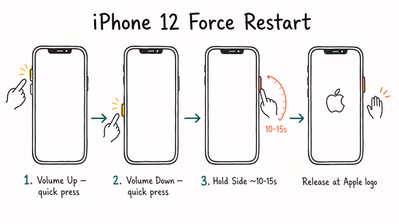 Three-step iPhone 12 force restart shows volume buttons then side button hold