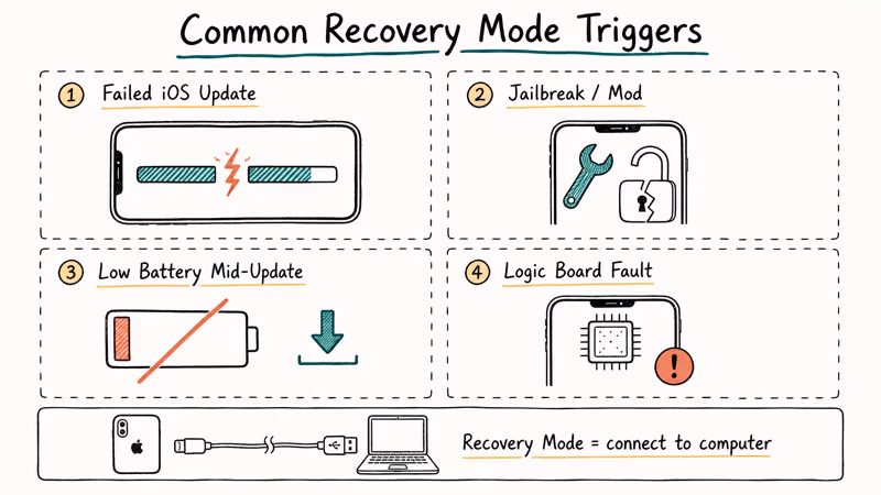 Four-panel hand-drawn infographic showing common iPhone recovery mode triggers including failed updates and hardware faults