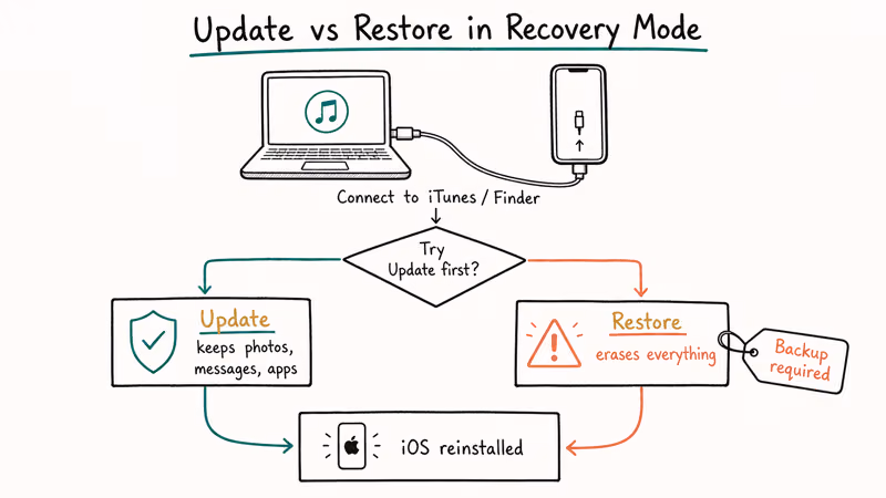 Hand-drawn flowchart comparing iTunes Update which preserves data versus Restore which erases the iPhone