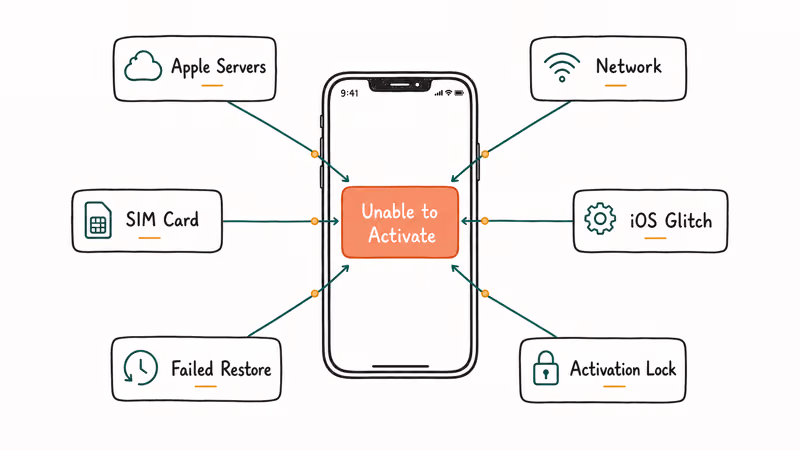 Hand-drawn diagram showing six common causes funneling into iPhone 12 activation error screen
