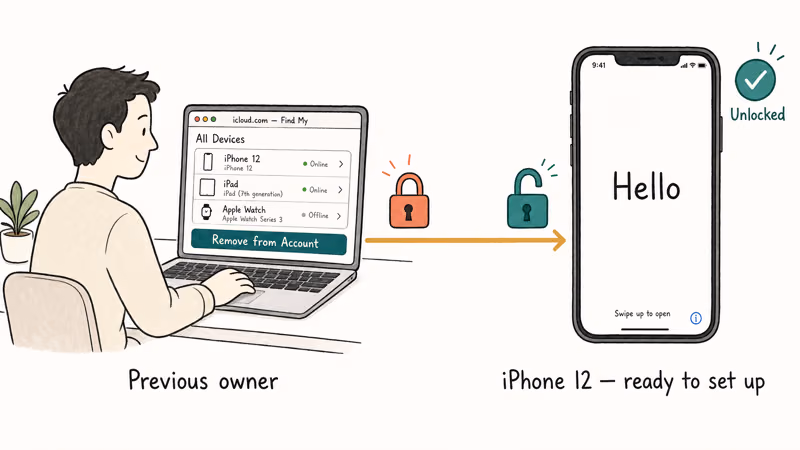 Hand-drawn previous owner removing iPhone 12 from iCloud Find My to clear Activation Lock