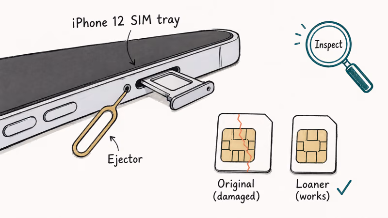 Hand-drawn iPhone 12 SIM tray ejected with damaged original SIM and working loaner SIM