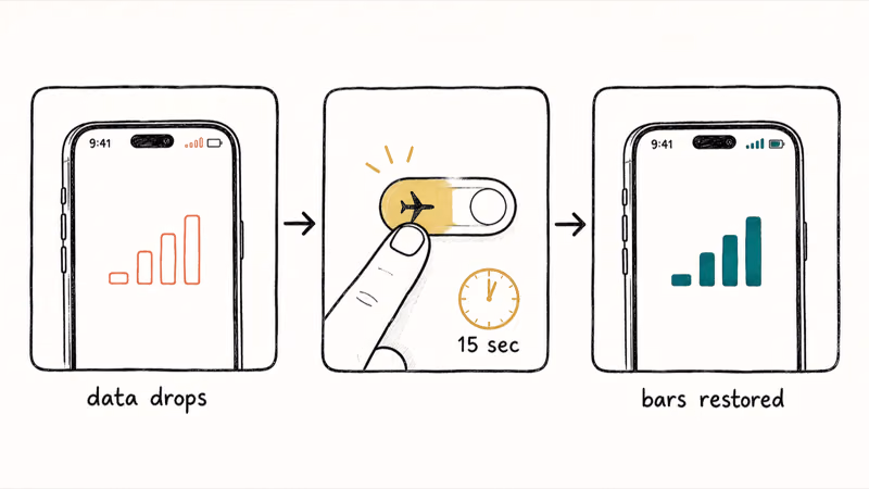Three panel sketch of Airplane Mode toggle restoring iPhone 17 cellular signal bars