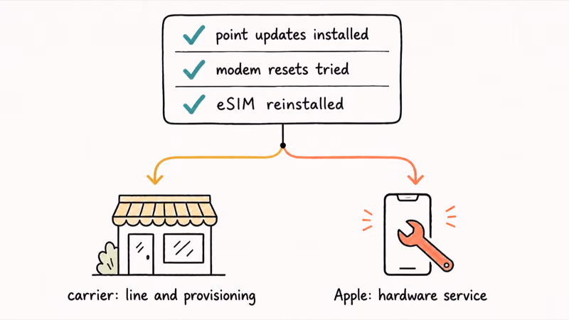 Decision card routing repeat cellular drops to carrier support or Apple service