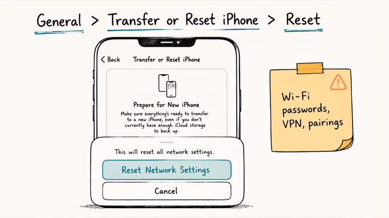 Hand-drawn Reset Network Settings confirmation screen highlighted within iPhone settings path