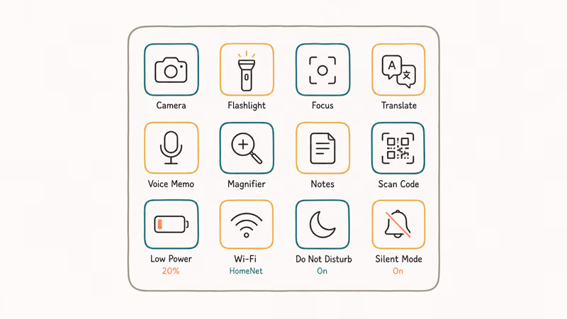 Grid of twelve built-in iPhone Action button options shown as icon tiles