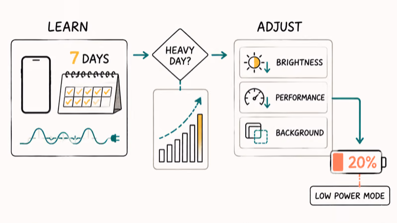 Adaptive Power learns usage, predicts heavier days, and applies small battery-saving adjustments