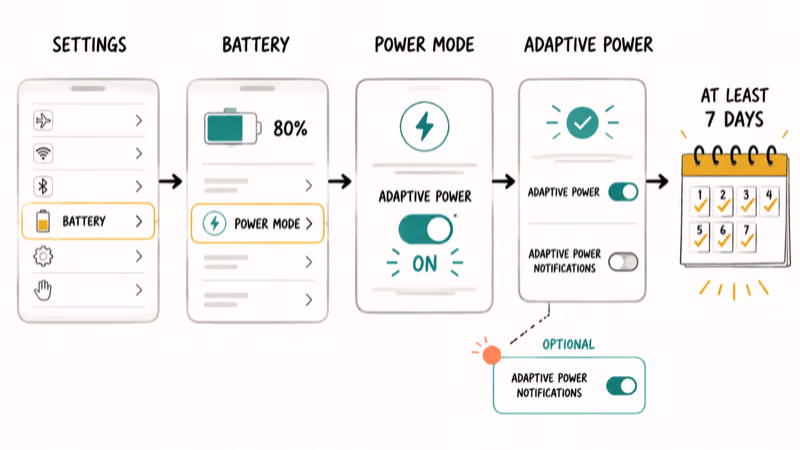 Settings path to enable Adaptive Power and its optional engagement notifications