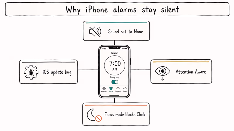Hand drawn infographic mapping four common iPhone alarm failure causes around a central clock icon