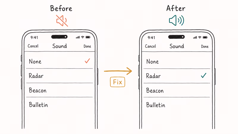 Side by side Clock app screens comparing alarm sound set to None versus Radar selected