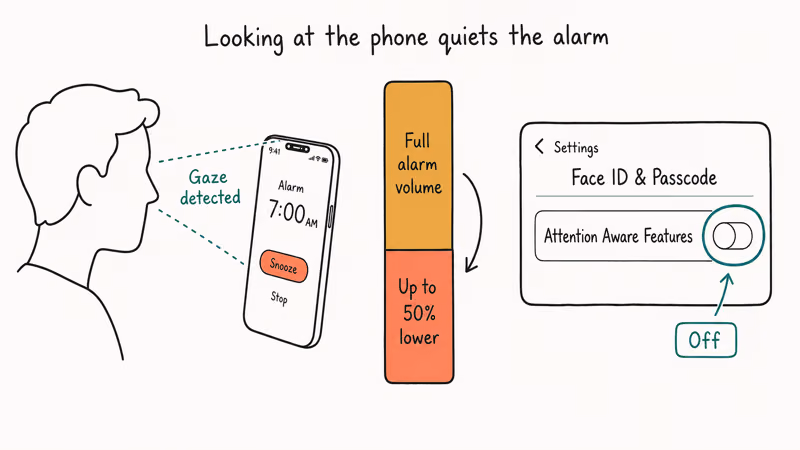 Diagram showing Attention Aware Features detecting gaze and reducing iPhone alarm volume by half