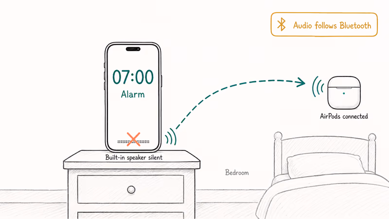 Hand-drawn scene showing iPhone alarm sound routing to distant AirPods while built-in speaker stays silent