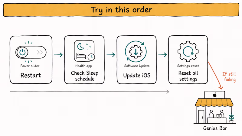 Flowchart escalates iOS fixes from restart to update, reset, and support