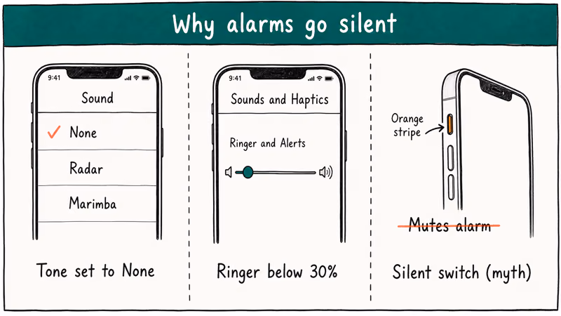 Hand-drawn triage card showing three top causes of silent iPhone alarms with labeled phone mockups