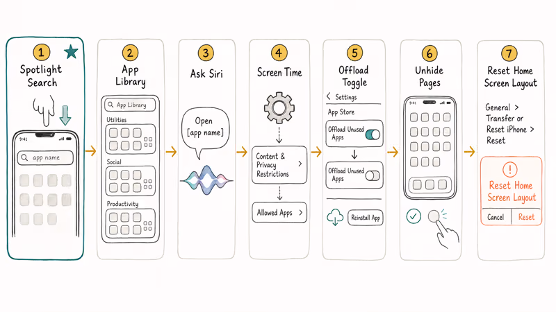 Seven step flow for finding hidden iPhone apps using Spotlight and App Library