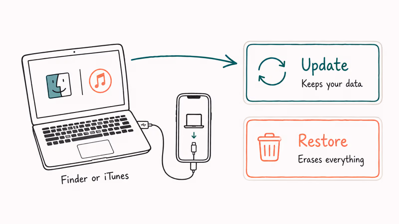 Illustration of iPhone connected to laptop with Update versus Restore option cards in Recovery Mode