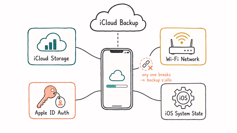 Diagram showing four iPhone backup failure causes: storage, network, authentication, and iOS system state