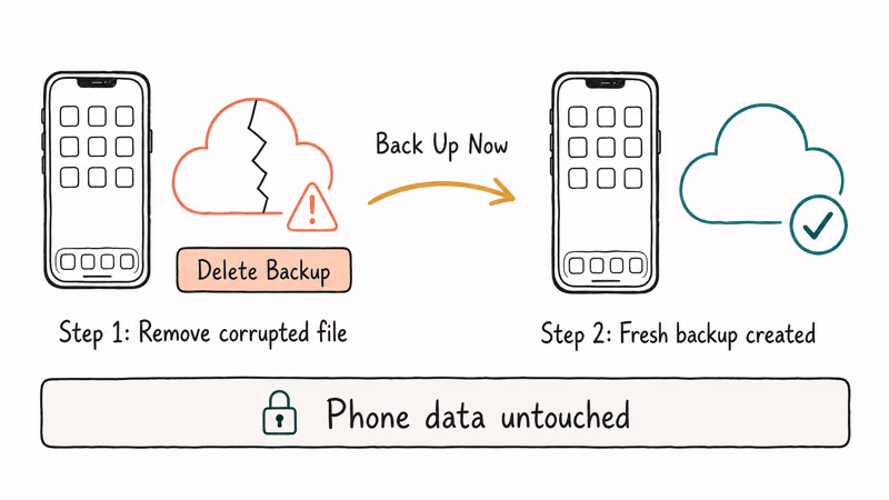 Two step flow deleting corrupted iCloud backup and creating fresh clean backup keeping phone data