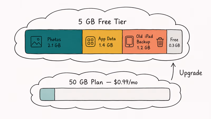 iCloud storage breakdown showing five gigabyte free tier filling with photos app data and backups