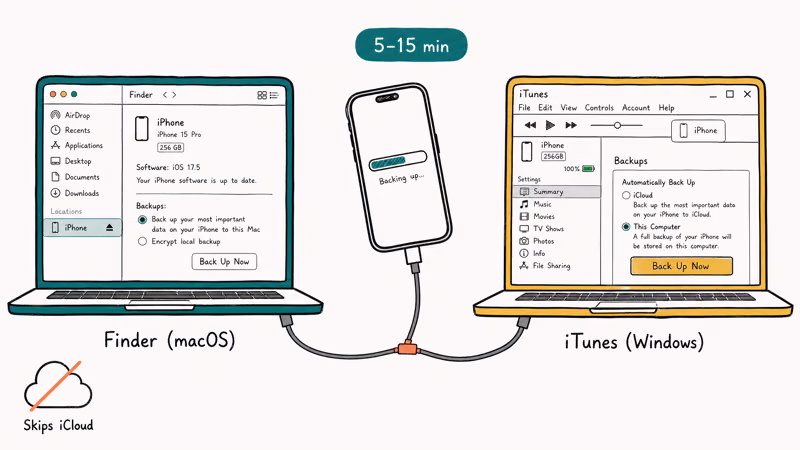 iPhone connected by USB cable to MacBook and Windows laptop for local Finder iTunes backup