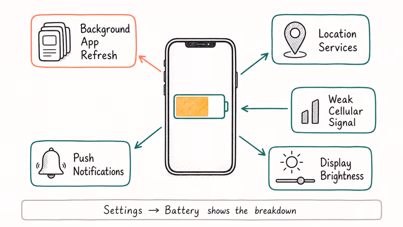 Hand-drawn diagram of an iPhone with arrows pointing to five common battery drain sources