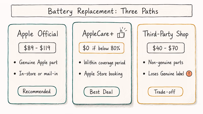 Hand-drawn three-column comparison of Apple official, third-party, and AppleCare+ iPhone battery replacement options