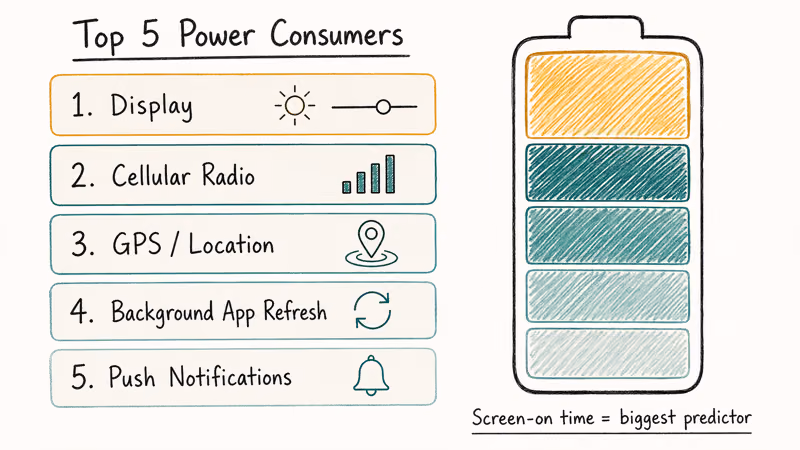 Hand-drawn ranked list of the five biggest iPhone battery consumers from display to notifications